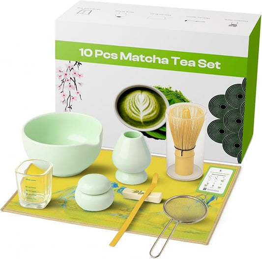 10-Piece Matcha Whisk Set | Complete Matcha Tea Kit with 17oz Ceramic Bowl, Bamboo Whisk & Scoop, Whisk Holder, Stainless Steel Sifter, Measuring Cup, Powder Caddy, Tea Towel | Gift-Ready Matcha Set
