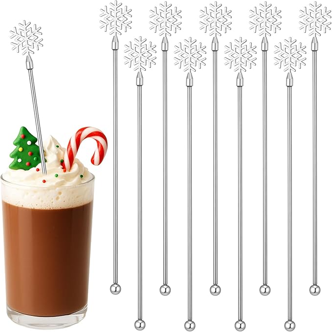 10 Pack Winter Snowflake Drink Stirrers Hot Cocoa Bar Chocolate Supplies Cocktail Stir Sticks Metal Swizzle Sticks 7.9 Inch Snowflake Coffee Stirrers Reusable for Winter Party Decor