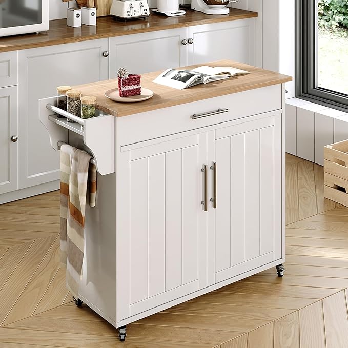 Kitchen Island with Storage, Wooden Rolling Kitchen Island On Wheels with Wood Top, Mobile Kitchen Bar Cart Cabinet with Towel Rack, Spice Rack and Drawers, White