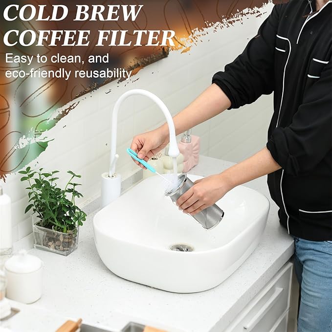 Acellegic Cold Brew Coffee Filter with Brush Tea Infuser Strainer for 32 Oz/1 Quart Wide Mouth Mason Jar 304 Stainless Steel Food Grade Filter with Sealing Ring for Iced Drink Fruit Tea Coffee Maker