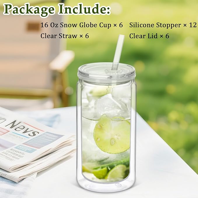 16 Oz Plastic Snow Globe Tumbler with Lid and Straw, 6 Pack Double Wall Pre Drilled Plastic Mason Jar Cups Can for Snow Globe Glitter DIY Gift(Clear)