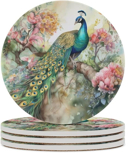 Round-4PCS Peacock Ceramic Coasters, Round Absorbent Drink Coasters, Vintage Watercolor Style Floral Beautiful Peacock Ceramic Table Coasters for Coffee, Beverage, Wine, Beer Coasters