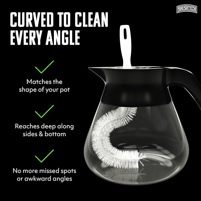 Brushtech Coffee Pot Cleaning Brush - Curved Design for Deep Clean Coffee Pot Care with Soft Bristles, Comfortable Handle, No-Soap Scrubbing Action – Made in The USA