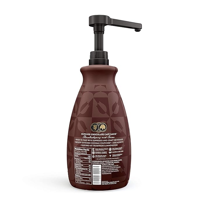 Dutched Chocolate Café Sauce™ by Hollander Chocolate Co. | Perfect for the Professional or Home Barista | Rainforest Alliance Certified | Net Wt. 89 oz (64 fl. Oz.) Large Bottle (PUMP Included)