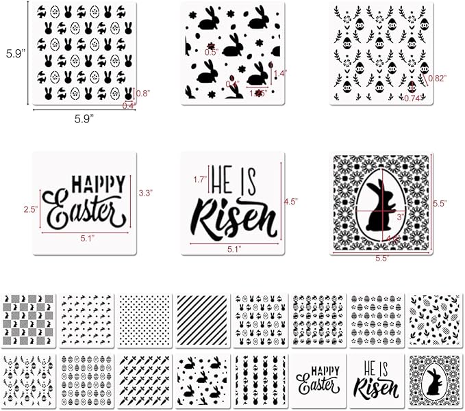 6in Easter Cookie Stencils for Royal Icing, Eggs Carrot Rabbit Face Bunny Shapes, 16 Pcs Assorted Sizes Easter Eggs Stencils for Baking Drawing Dessert Coffee Decoration