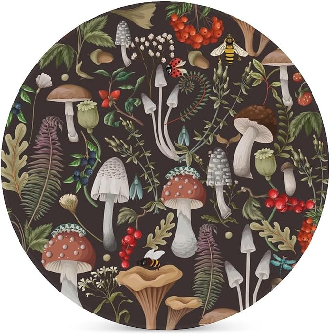 Round-6PCS Botanical Ceramic Coasters, Round Absorbent Drink Coasters, Vintage Cartoon Abstract Botanical Mushroom Plants Pattern Ceramic Table Coasters for Coffee, Beverage, Wine, Beer Coasters
