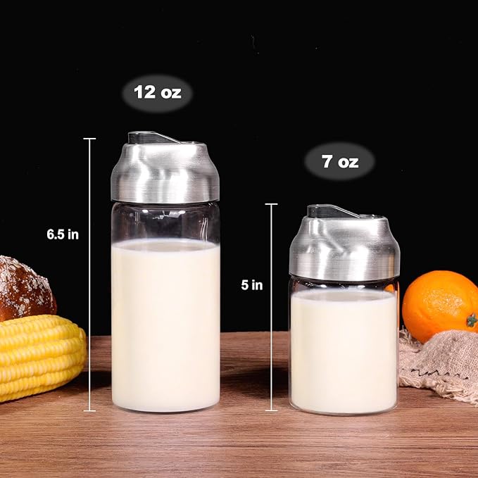 Aelga Glass Coffee Creamer Container Set, Creamer Pitcher 7oz + 12oz Glass Dispenser Container Set for Creamer, Milk and Spices, Coffee Bar Accessories, Pack of 2