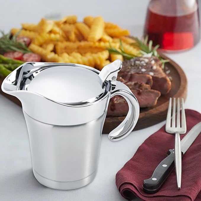 Double Insulated Gravy Boat, 18/8 Stainless Steel Sauce Jug Gravy Boat with Hinged Lid - Ideal for Gravy or Cream at Thanksgiving, Halloween, Christmas, Dishwasher safe (450ML/16 OZ)