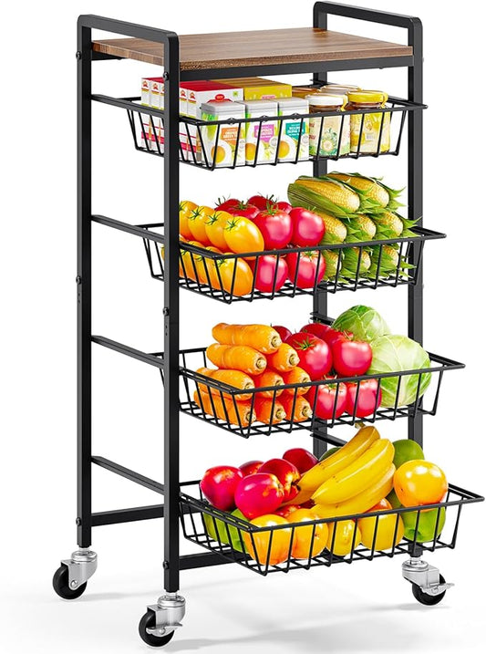 TOOLF 5-Tier Kitchen Storage Cart with Tabletop, Rolling Snack Cart with Lockable Wheels, Fruit Vegetable Basket with 4 Pack Mats, Metal Storage Rack with Pull-Out Pantry Trolley for Organizer