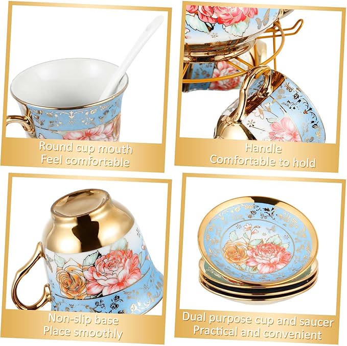 Zhehao 20 Pcs Porcelain Tea Set with Metal Holder and Spoon Adult Ceramic Tea Set European Flower Painting Teapot Cup Saucer Spoon for Women, Large Version (Simplicity Style)