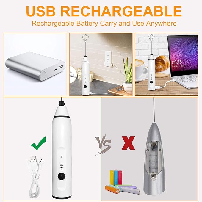 Milk Frother Handheld, Gbivbe Rechargeable Whisk Drink Mixer for Coffee with Art Stencils, Mini Foamer for Cappuccino, Hot Chocolate Match, Frappe, Hot Chocolate, Egg Whisk