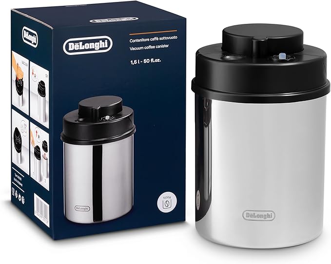 De'Longhi Coffee Canister, Vacuum Sealed Food Storage Container with Airtight Lid & Built-in Date Indicator, Polished Stainless Steel (Holds 1 LB / 500 g), DLSC063
