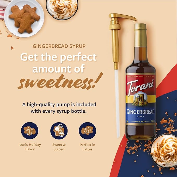Torani Coffee Syrup, Gingerbread Flavoring for Drinks, Pump Included, 25.4 Fl Oz