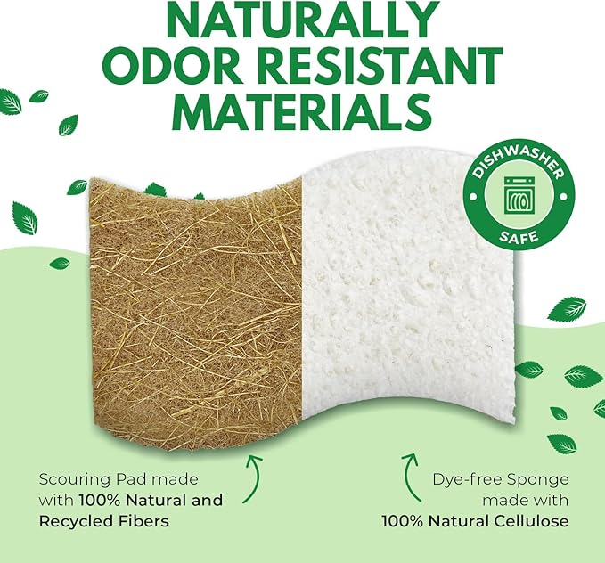 AIRNEX Biodegradable Natural Kitchen Sponge - Compostable Cellulose and Coconut Walnut Scrubber Sponge (6 Pack)