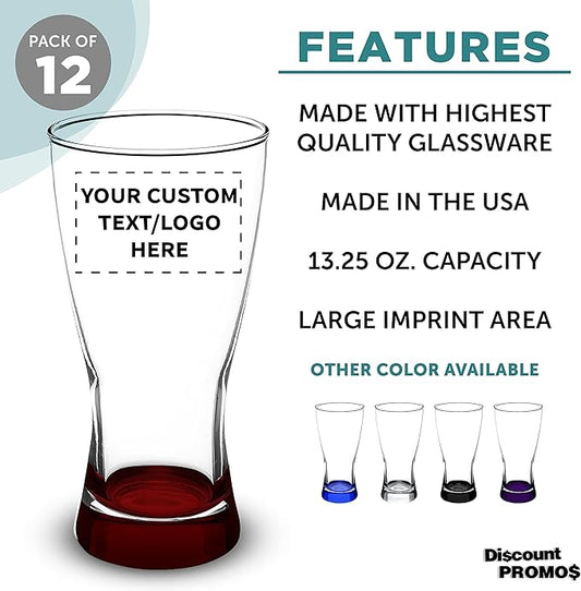Custom Pilsner Glasses 13.25 oz. Set of 12, Personalized Bulk Pack - Made in the USA, Perfect for Hotels, Restaurants, Bars and Even Party Favors - Red