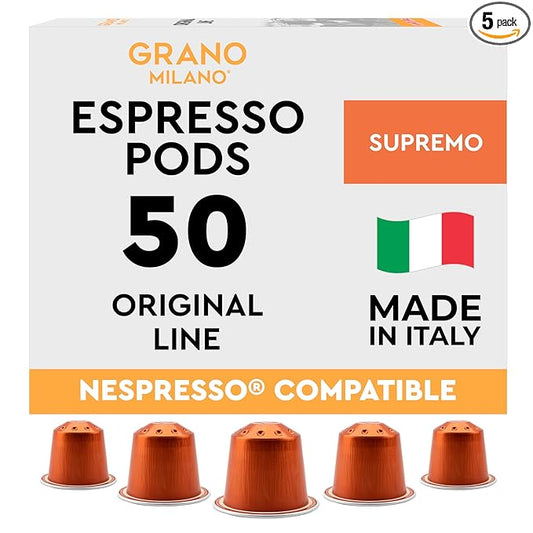New Grano Milano Supremo Coffee Capsules - 50 Aluminum Coffee Pods Compatible with Nespresso Original line, 100% Arabica Medium Roast - Intensity 7/12, Made in Italy