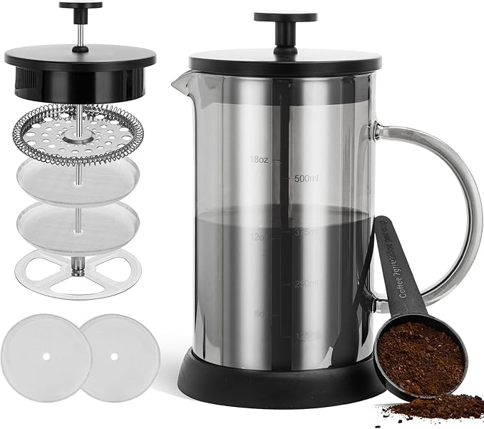 YMMIND 21 Ounce French Press Coffee Maker, 4-Cup Espresso Coffee Maker, Grey Cold Brew Heat Resistant Thickened Borosilicate Coffee Pot with 4 Stainless Steel Filter Screens