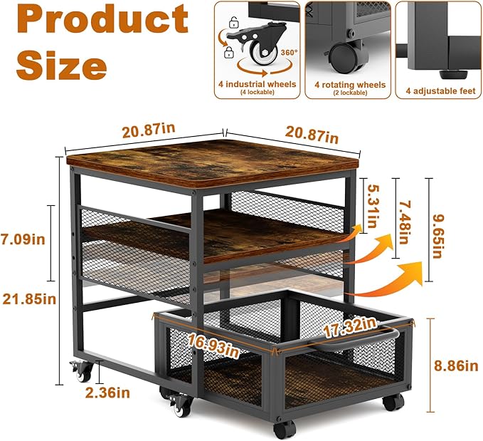 21x21in Mini Fridge Stand with Storage, Heavy Duty Mini Fridge Table with 4 Lockable Wheels for Coffee Bar 220LBS Compact Beverage Refrigerator Stand Cabinet Dorm Fridge Cart for Office Home (Brown)