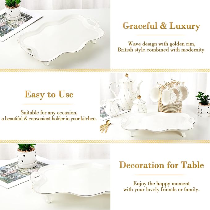 DUJUST Porcelain Serving Tray with Handles, Luxury British Style Coffee Table Tray with Golden Rim, Beautiful Tea Tray Decor for Living Room, Easy to Use & Clean