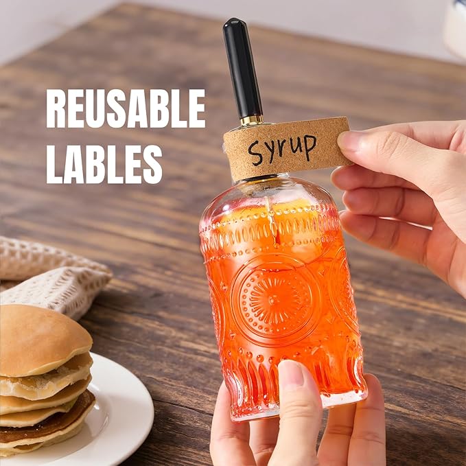 4-Pack Coffee Syrup Dispenser, 7 OZ/200ML Honey Dispenser, Small Syrup Bottles with Funnel & Extra Nozzles, Glass Syrup Dispenser for Coffee Shop, Home Kitchen
