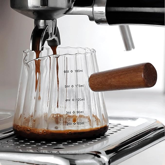 6oz Glass Espresso Cups with Spout, Espresso Accessories, Espresso Shot Glass with V-Shaped Mouth, Ribbed Milk Frothing Pitcher (Clear)