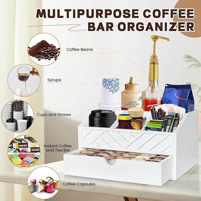 Coffee Bar Organizer with Drawer, Coffee Station Organizer for Countertop, Wood Coffee Bar Accessories Organizer for Coffee Bar Decor, Farmhouse Coffee Cup Pod Holder Condiment Organizer(White)