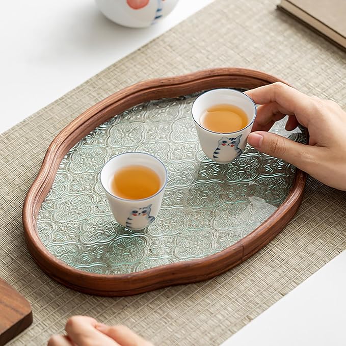 IwaiLoft Glass Serving Tray with The Crabapple Pattern Glass and Walnut for Kitchen Countertop Home Decor for Coffee Table, Also Suitable for Tea Coffee Decorative Trays (Clear,11.4" x 7.8" x 1")