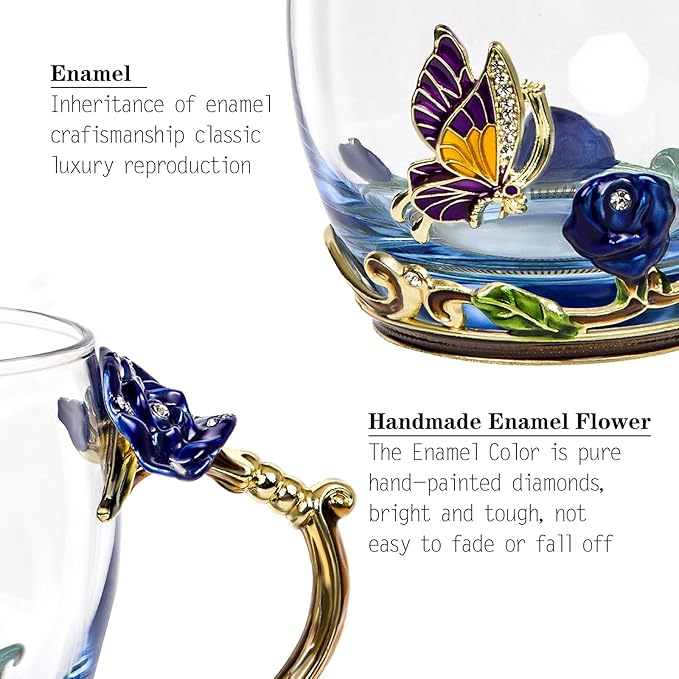 Tea Cup Glass Coffee Mugs,Fancy Tea Cup Set Birthday Christmas Valentine's Day Gift Idea for Tea Lover and Women Novelty Coffee Mugs Rose Flower Enamel Cup with Spoon (Blue rose & butterfly daisy cup)