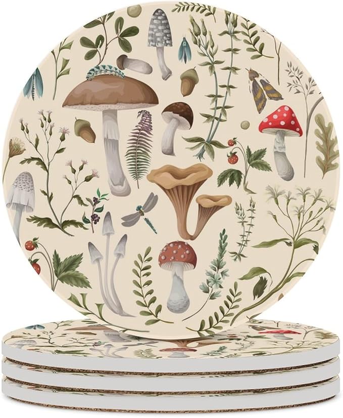 Botanical Drink Coasters, Round Ceramic Drink Coaster Round-4PCS, Nature Cartoon Botanical Leaves Mushroom Plants Pattern Decor Absorbent Ceramic Coasters for Beverage Cup, Bar, Coffee Table