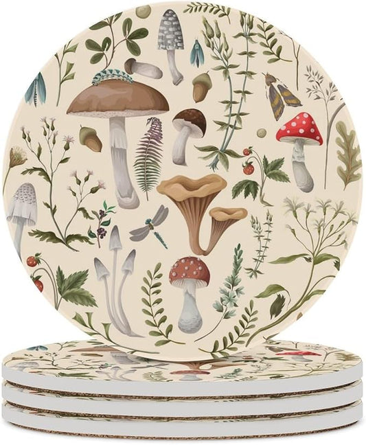 Botanical Drink Coasters, Round Ceramic Drink Coaster Round-4PCS, Nature Cartoon Botanical Leaves Mushroom Plants Pattern Decor Absorbent Ceramic Coasters for Beverage Cup, Bar, Coffee Table