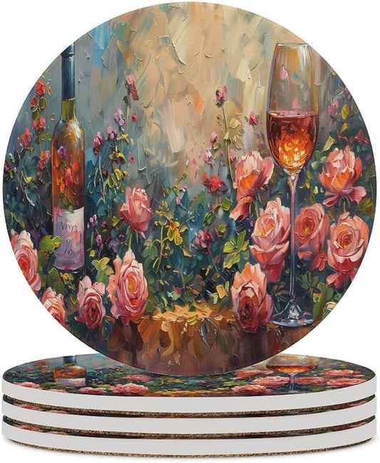 Round-4PCS Red Wine Drink Coasters, Round Modern Ceramic Absorbent Coasters, Oil Painting Style Red Wine Grapes Floral Rose Flower Decor Desk Coffee Table Coaster for Beverage Cup Tea Coasters