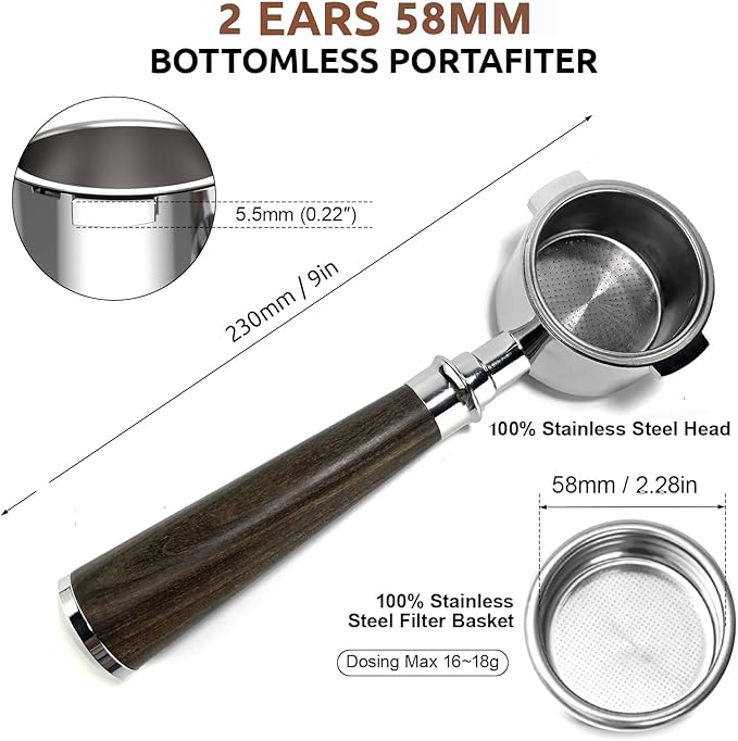 58mm Bottomless Portafilter for Breville Oracle & Dual Boiler (BES920XL, BES980XL, BES990BSS) - Naked Portafilter with 58mm Filter Basket & Real Black Rosewood Handle - Not for 54mm Series