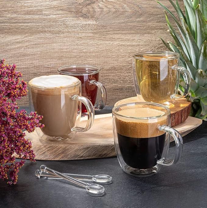 Moss & Stone Set of 4 Double Wall Glass Cup Clear Mug, Double Walled Coffee Mugs 7.4 Oz, Glass Tea Mugs, Insulated Coffee Mug With Handle & 2 Glass Spoons, Cappuccino Cups Set