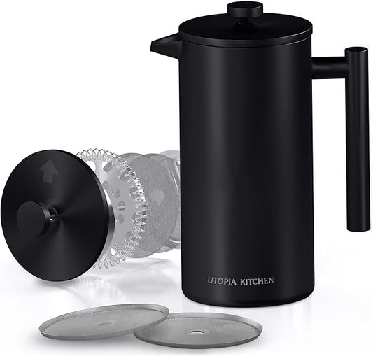 Utopia Kitchen 304 Grade Stainless Steel French Press Coffee Maker 21 Oz, Double Wall Insulated Coffee Press with 4-Level Filtration system, Include 2 Extra Filters, Rust-Free, Black