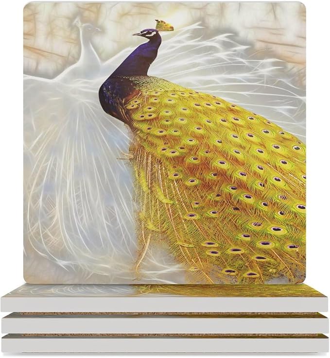 Square-4PCS Peacock Ceramic Coasters, Square Absorbent Drink Coasters, Vintage Style Beautiful Gold White Peacock Ceramic Table Coasters for Coffee, Beverage, Wine, Beer Coasters