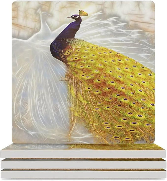 Square-4PCS Peacock Ceramic Coasters, Square Absorbent Drink Coasters, Vintage Style Beautiful Gold White Peacock Ceramic Table Coasters for Coffee, Beverage, Wine, Beer Coasters