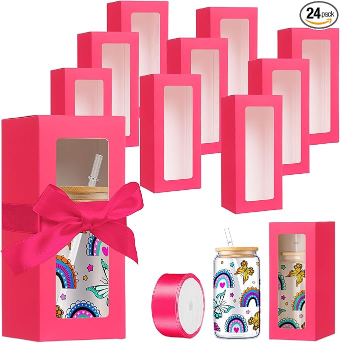 Honoson 24 Pcs Tumbler Gift Box with Ribbon for Sublimation Glass Exhibition Boxes Transparent for 12oz 16oz 20oz Drinking Cup Glasses Jars Mug Can Blanks(Hot Pink)