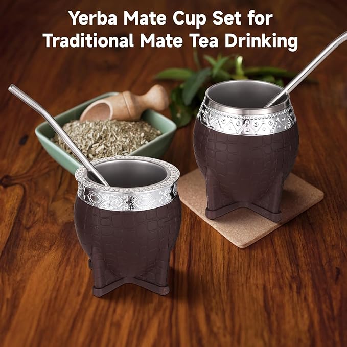 2PCS Yerba Mate Cup, 6 oz Stainless teel Mate Cup with Straw, Double Wall Vacuum Insulated Yerba Mate Gourd for Traditional Mate Tea Drinking (Brown)