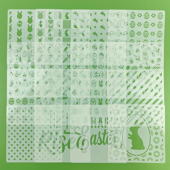 6in Easter Cookie Stencils for Royal Icing, Eggs Carrot Rabbit Face Bunny Shapes, 16 Pcs Assorted Sizes Easter Eggs Stencils for Baking Drawing Dessert Coffee Decoration