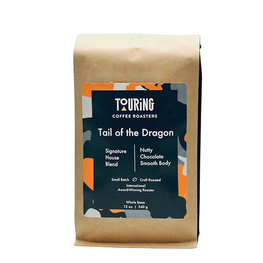 Touring Coffee Roasters Tail of the Dragon Signature Blend Coffee Whole Beans Dark Roast – Grown in Sumatra, Colombia and Guatemala, Chocolate, Nutty, Earthy, Natural Sun Dried – 12oz