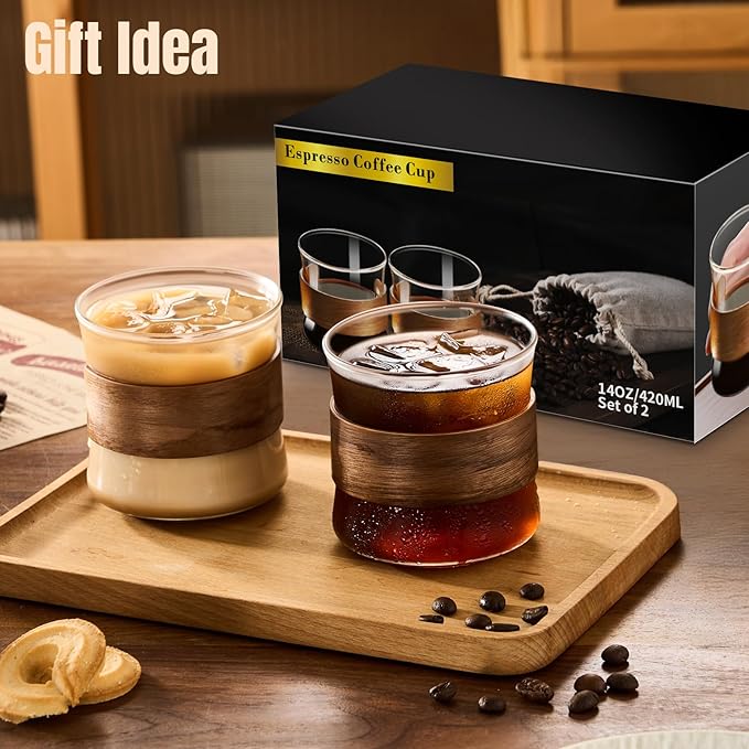 PARACITY Espresso Cups Set of 2 with Wooden Ring, 14 OZ High Borosilicate Espresso Shot Glass, Clear Small Expresso Shots Cup, Espresso Accessories