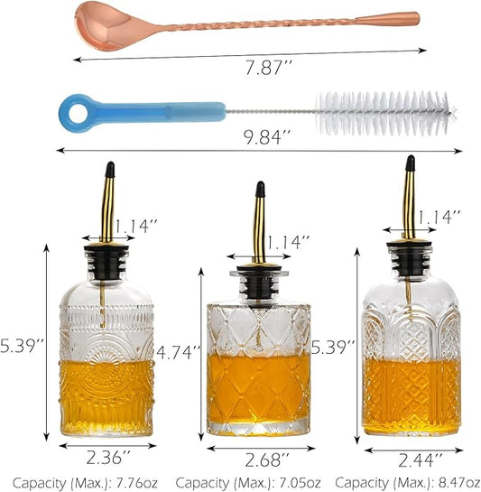 WHJY 3 Pack Small Syrup Dispenser Simple Syrup Container with Pour Spout Glass Syrup Bottles with Refilling and Cleaning Tool Set Floral Pattern Coffee Syrup Dispenser with Label Tags