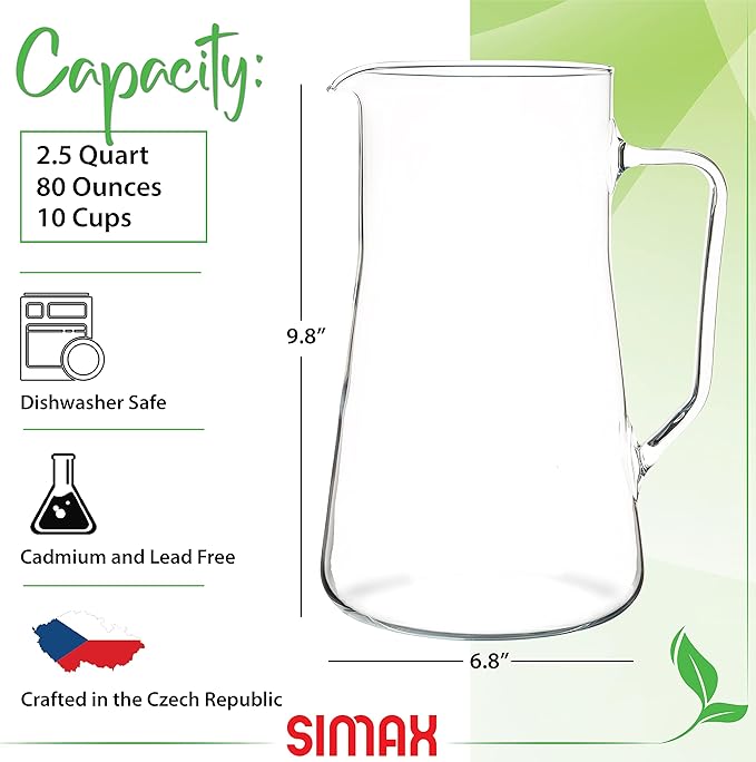 Simax Large Glass Pitcher With Spout, 2.5 Quart (80 Ounce) Borosilicate Glass Iced Tea Pitchers with Handle, Angled Cylinder Design, Glass Water Pitcher