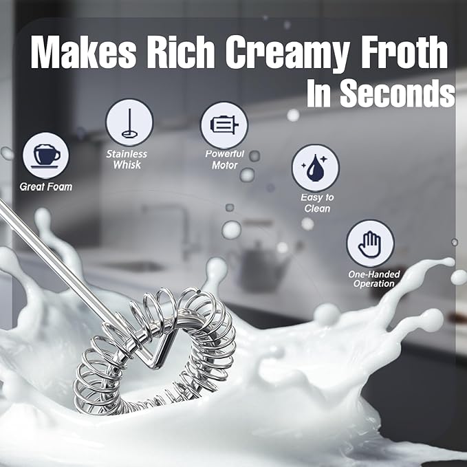 Handheld Milk Frother, Fast Powerful Drink Mixer Battery operated with Stainless Steel Whisk for Coffee (Silver)