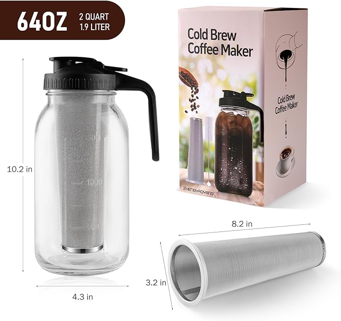 Cold Brew Coffee Maker, 64 oz Glass Pitcher with Mesh Filter, 2 Quart Mason Jar with Lid