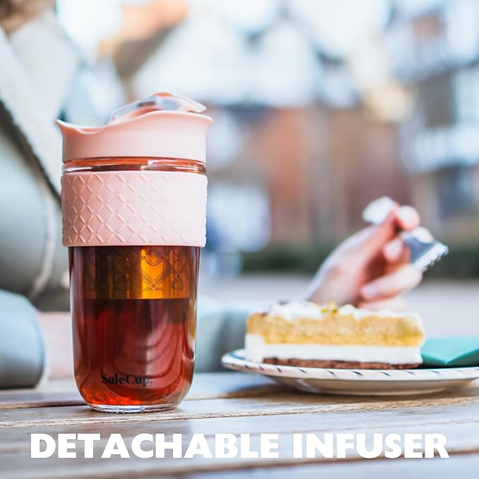 Large Travel Mug Loose Tea Infuser - Detachable Tea Strainer with Spill Proof Lid - 18oz/530ml BPA-Free Reusable Glass Travel Coffee Cup with Silicone Band (Pink, 18oz)