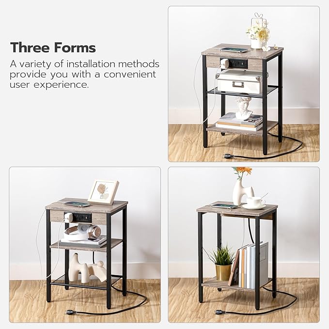 HOOBRO Side Tables Set of 2 with Charging Station and USB Port, Small End Tables for Small Space, 3-Tier Nightstands with Adjustable Shelf, for Living Room, Bedroom, Greige BG112BZP201