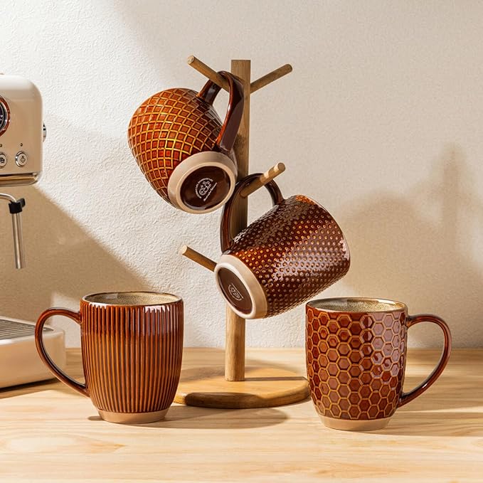 GBhome Large Coffee Mugs Set of 4, 16oz Handmade Embossed Coffee Mugs Set with Large Handle for Cappuccino/Latte/Tea/Hot Cocoa, Dishwasher & Microwave Safe, Caramel