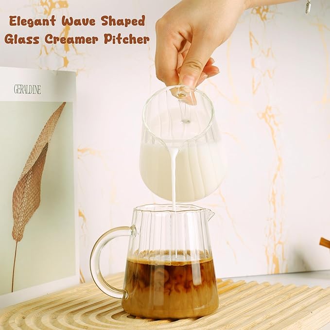 Loscarol 2 Pcs Creamer Pitcher, Elegant Wave Shaped Glass Milk Pitcher, for Coffee, Tea, Serving Milk Frothing Cup Creamer Jug for Kitchen, 8.5 oz