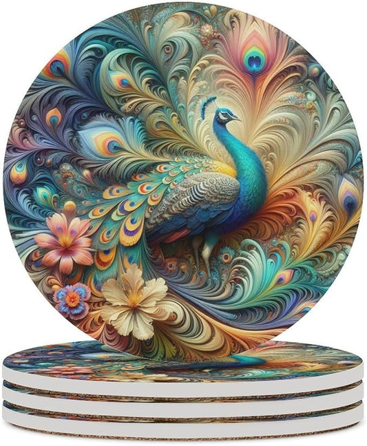 Round-4PCS Peacock Ceramic Coasters, Round Absorbent Drink Coasters, Beautiful Colorful Floral Peacock Art Pattren Ceramic Table Coasters for Coffee, Beverage, Wine, Beer Coasters